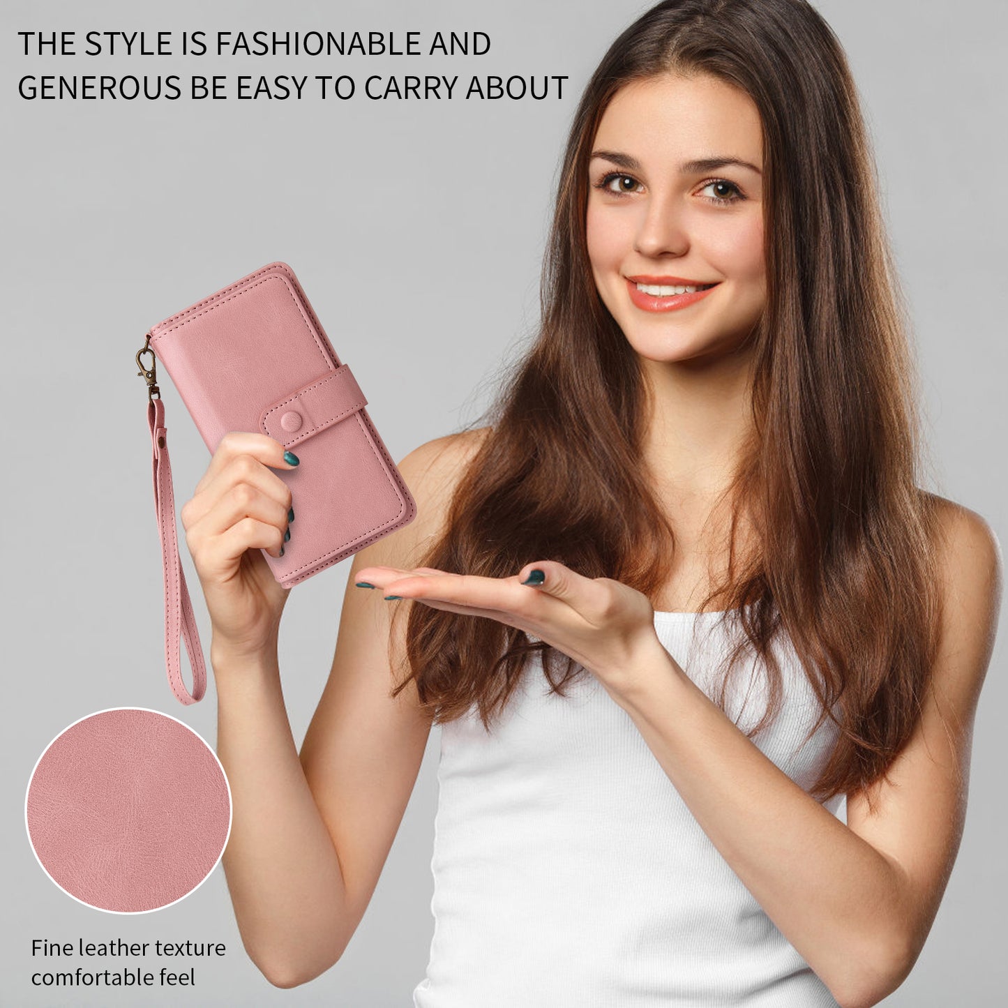 For iPhone 17 Pro Max Zipper Wallet Case with 15 Card Slots and Strap Leather Phone Cover - Pink