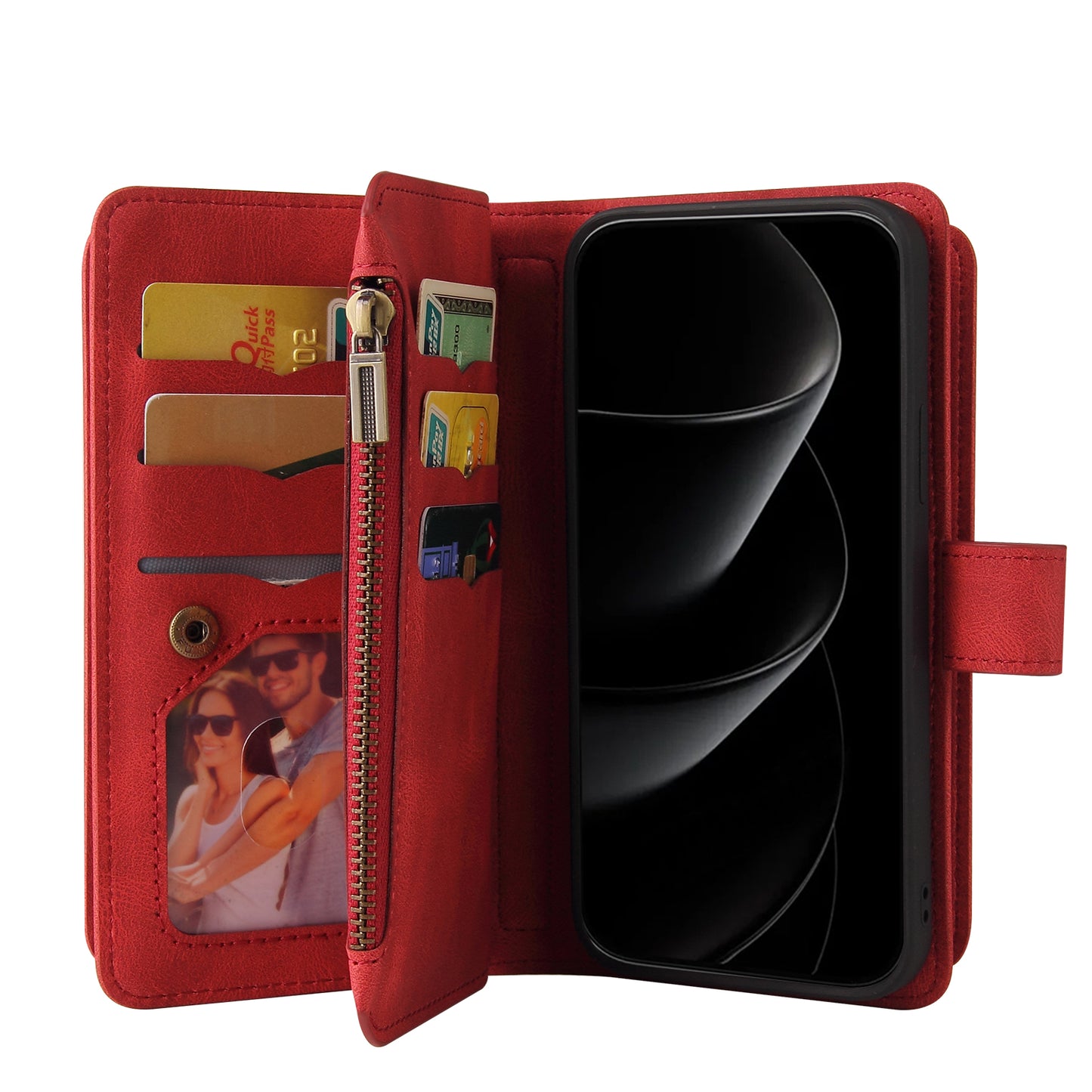 For iPhone 17 Pro Max Zipper Wallet Case with 15 Card Slots and Strap Leather Phone Cover - Red