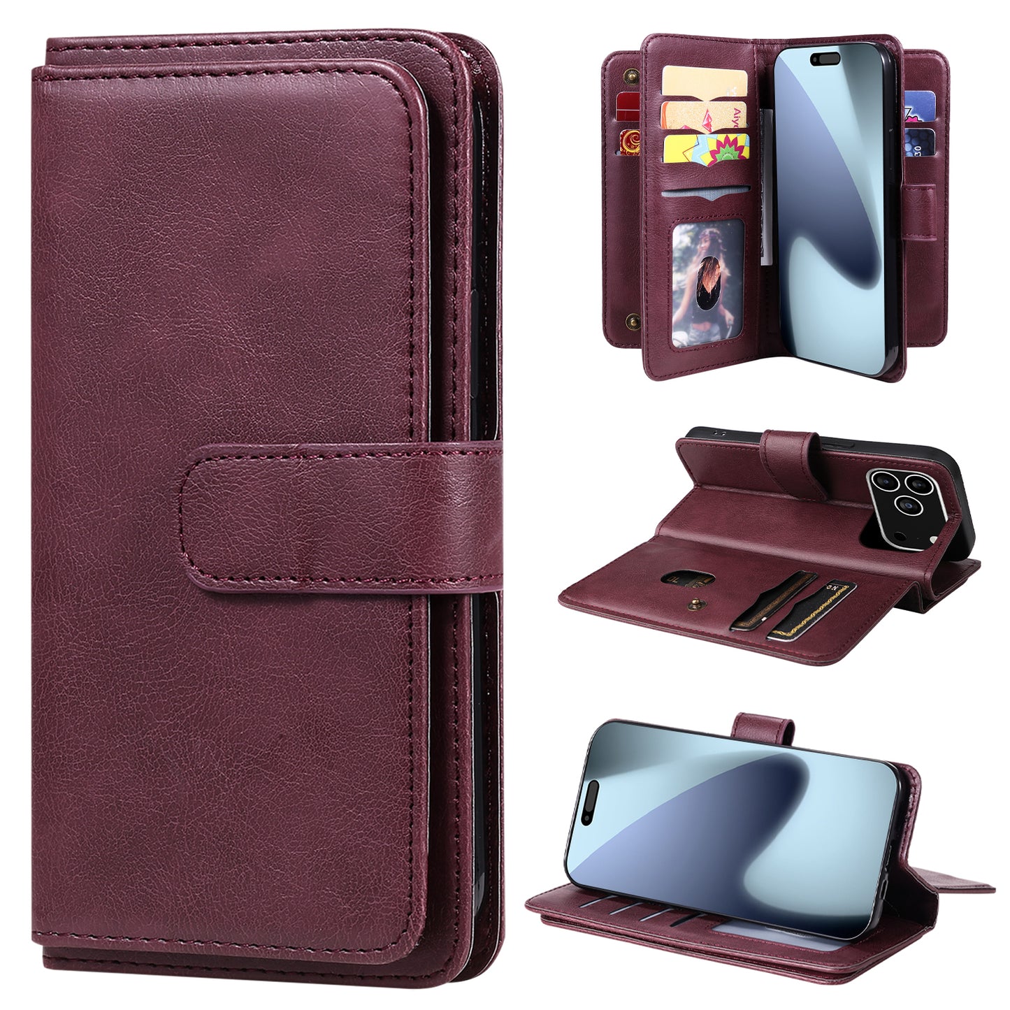 For iPhone 17 Pro Max Leather Case with 10 Card Holder Phone Cover Stand - Wine Red