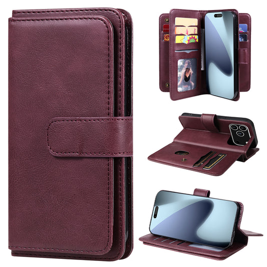 For iPhone 17 Pro Max Leather Case with 10 Card Holder Phone Cover Stand - Wine Red
