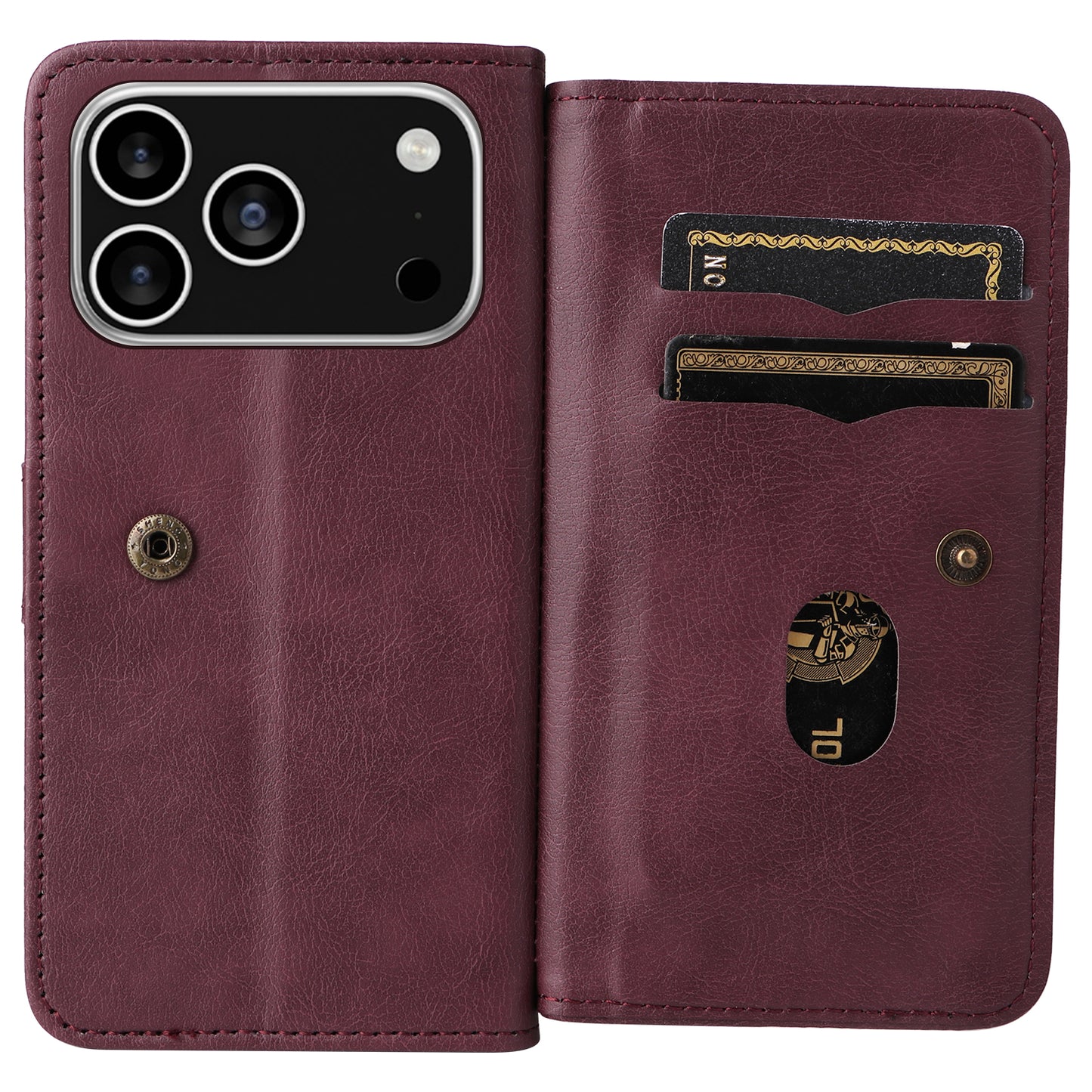 For iPhone 17 Pro Max Leather Case with 10 Card Holder Phone Cover Stand - Wine Red