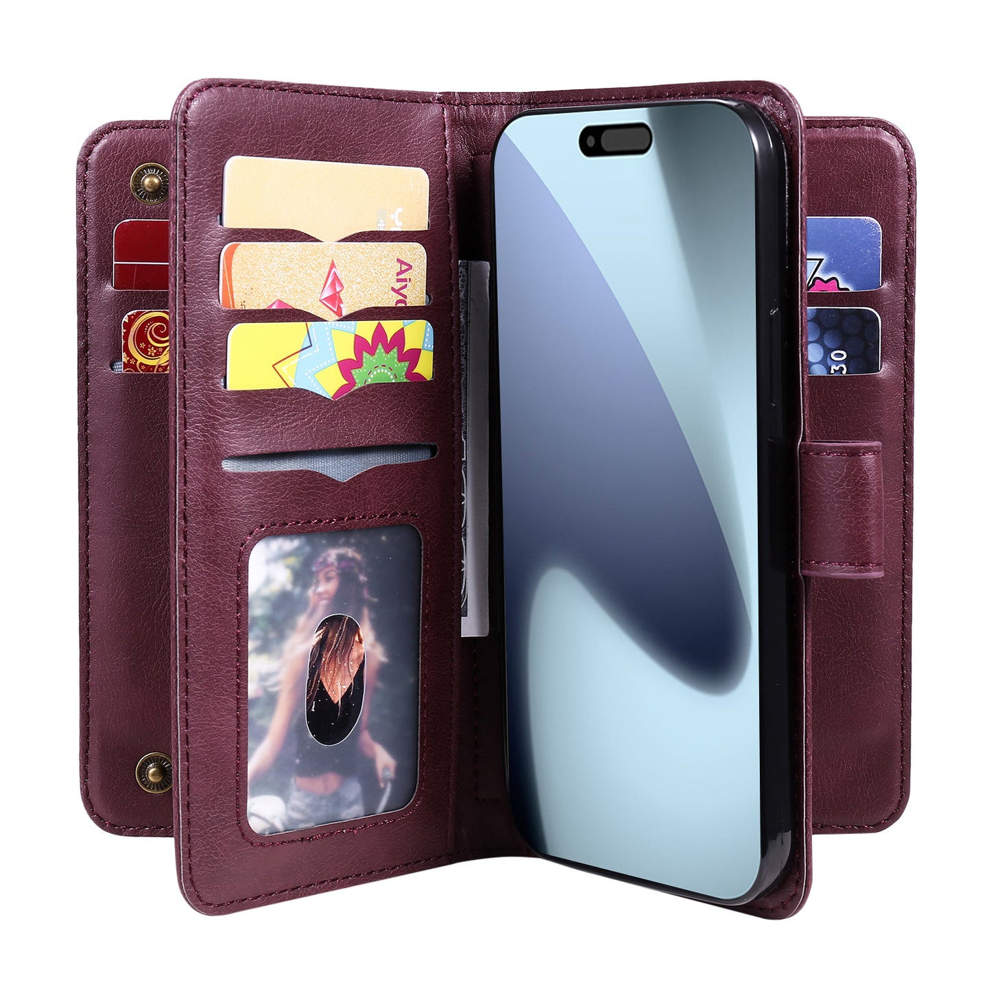 For iPhone 17 Pro Max Leather Case with 10 Card Holder Phone Cover Stand - Wine Red