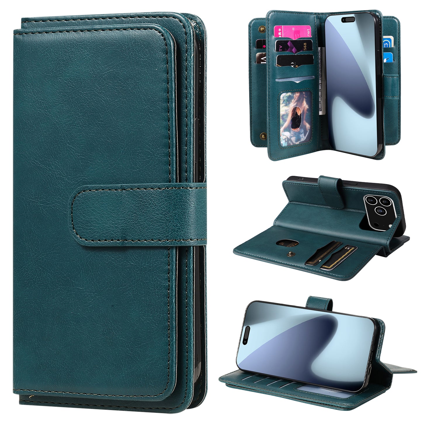 For iPhone 17 Pro Max Leather Case with 10 Card Holder Phone Cover Stand - Green