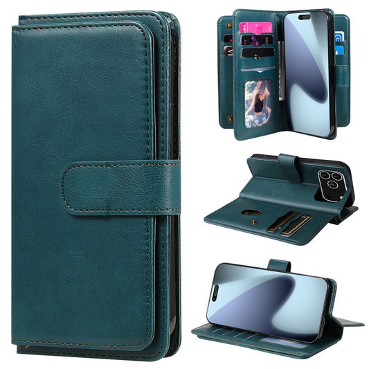 For iPhone 17 Pro Max Leather Case with 10 Card Holder Phone Cover Stand - Green