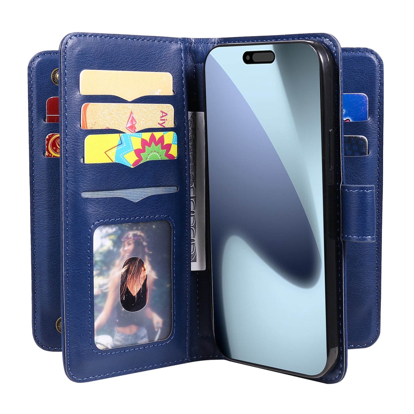 For iPhone 17 Pro Max Leather Case with 10 Card Holder Phone Cover Stand - Blue