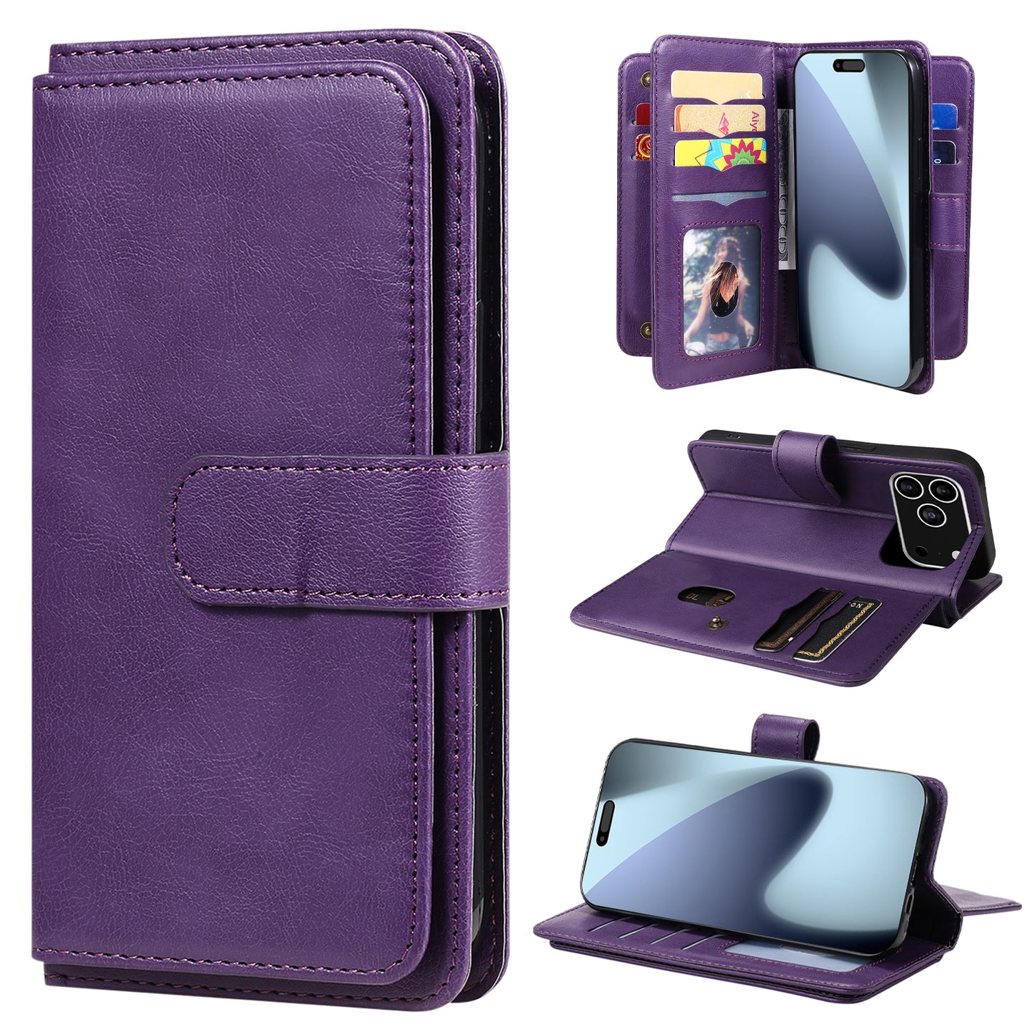 For iPhone 17 Pro Max Leather Case with 10 Card Holder Phone Cover Stand -  Purple
