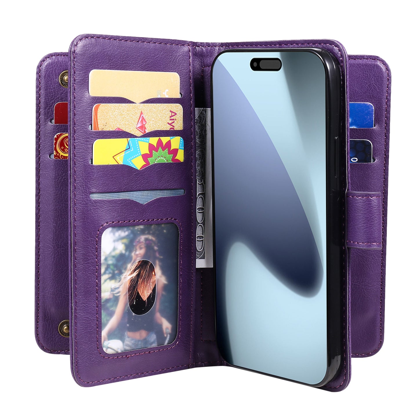 For iPhone 17 Pro Max Leather Case with 10 Card Holder Phone Cover Stand -  Purple
