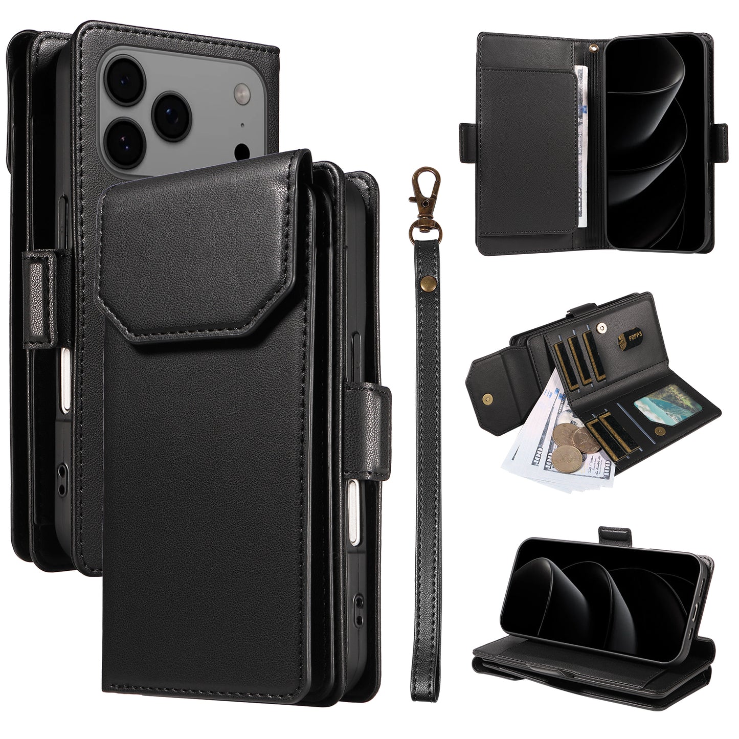 For iPhone 17 Pro Max Case with Multi-Card Holder and Strap PU Leather Phone Cover Stand - Black