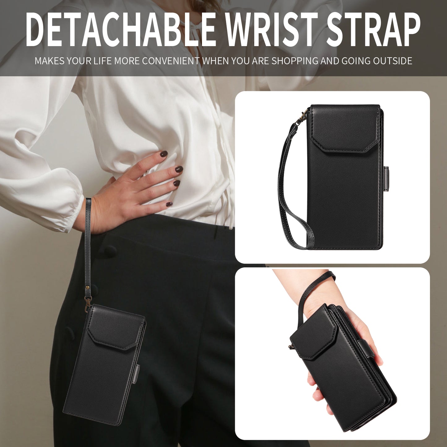 For iPhone 17 Pro Max Case with Multi-Card Holder and Strap PU Leather Phone Cover Stand - Black