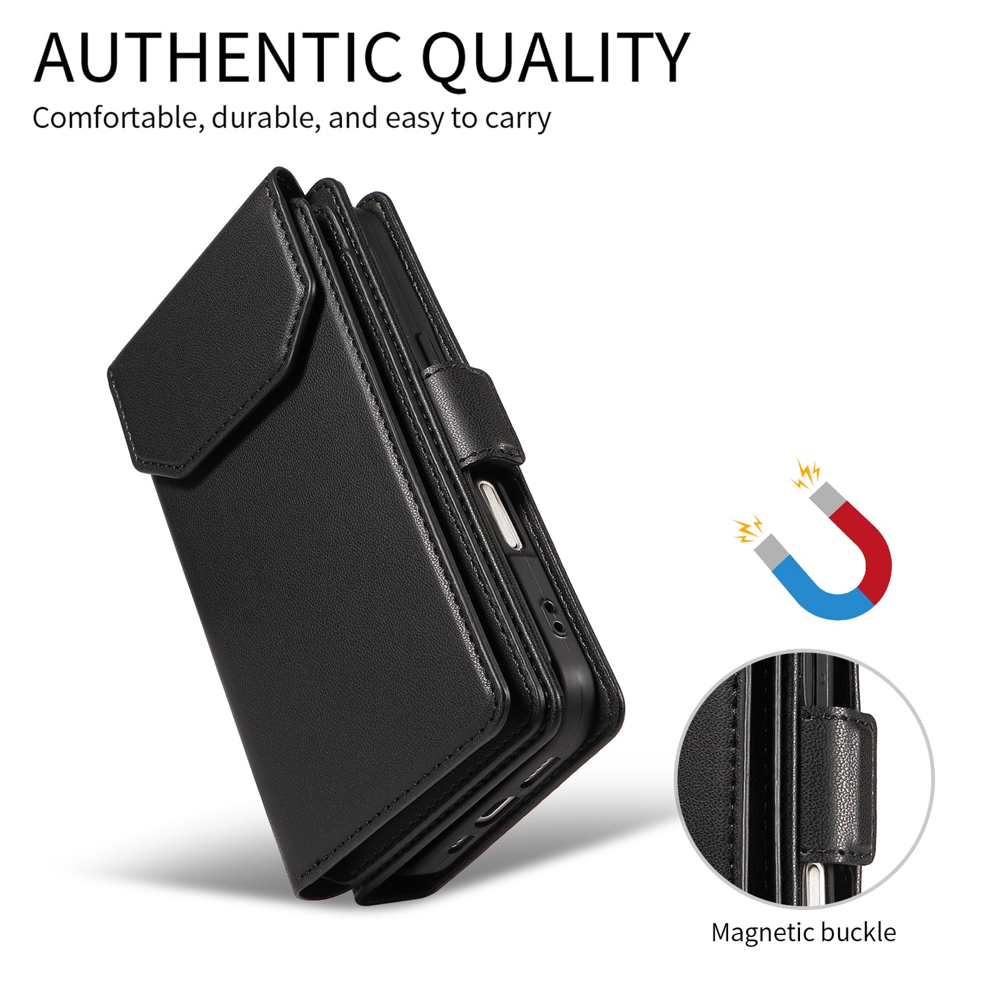 For iPhone 17 Pro Max Case with Multi-Card Holder and Strap PU Leather Phone Cover Stand - Black