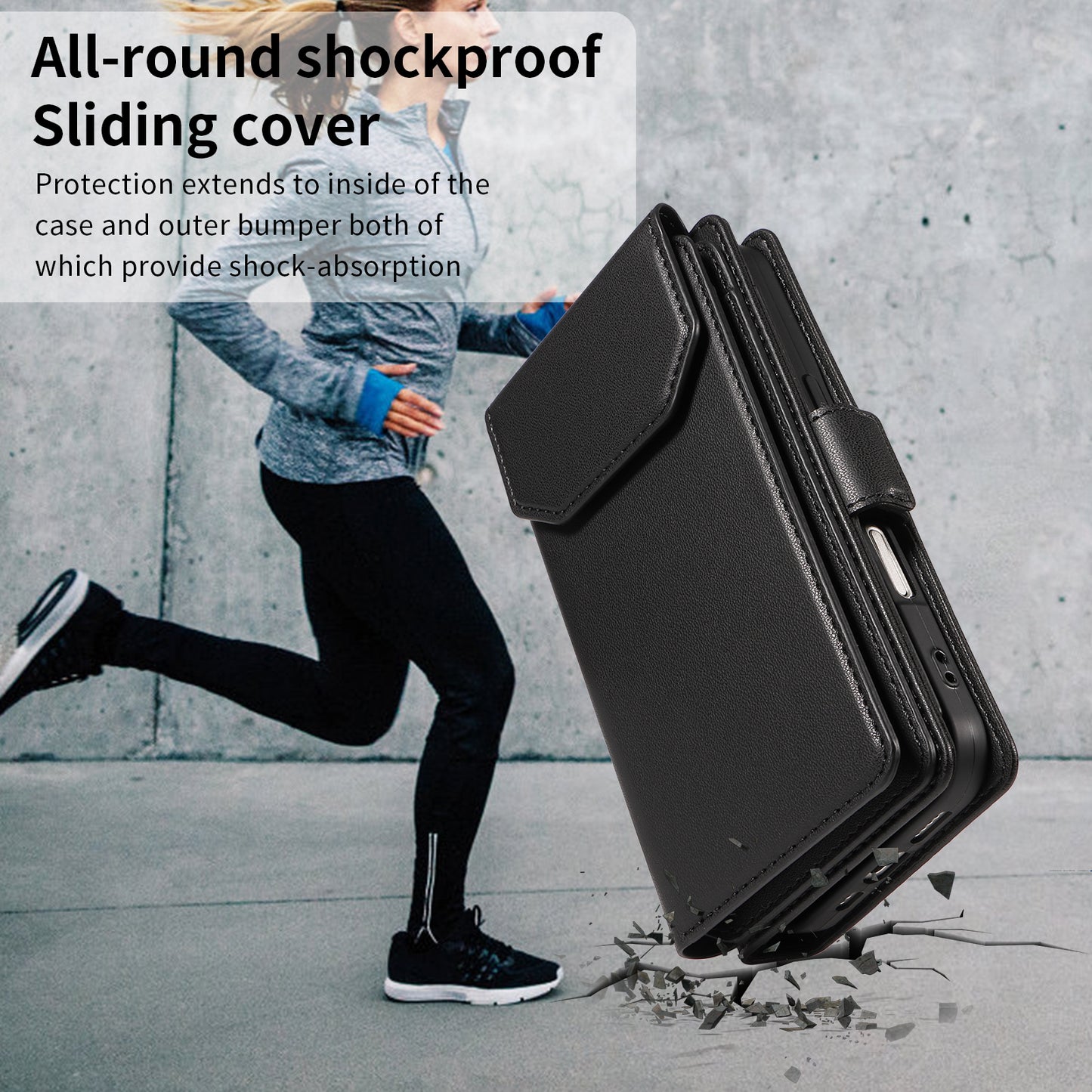 For iPhone 17 Pro Max Case with Multi-Card Holder and Strap PU Leather Phone Cover Stand - Black