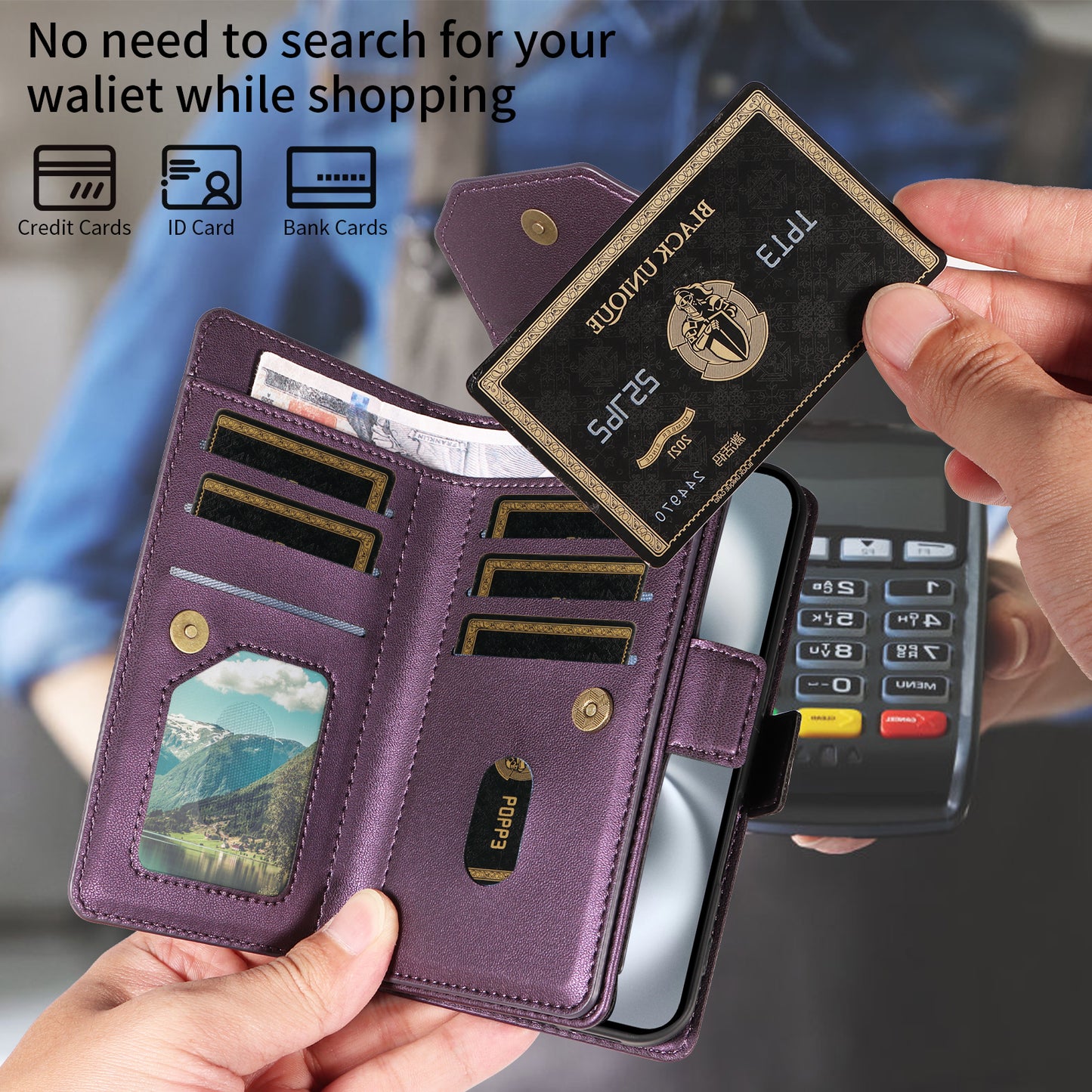 For iPhone 17 Pro Max Case with Multi-Card Holder and Strap PU Leather Phone Cover Stand - Purple