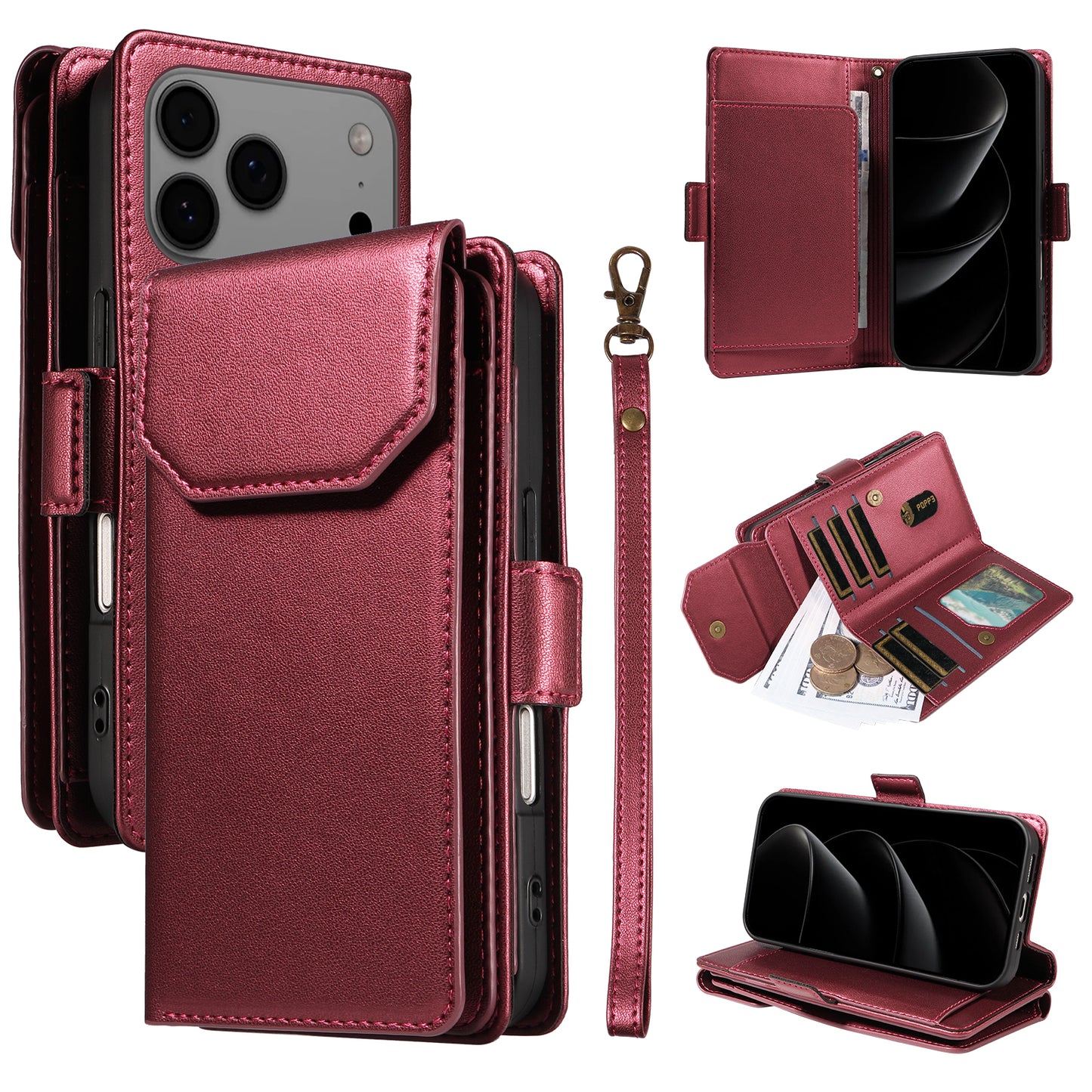 For iPhone 17 Pro Max Case with Multi-Card Holder and Strap PU Leather Phone Cover Stand - Red