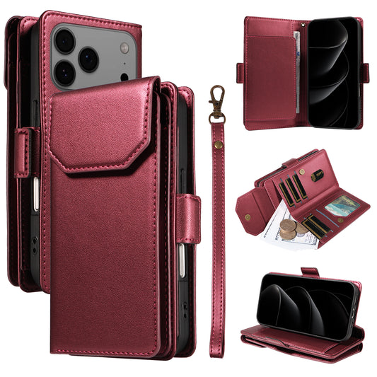 For iPhone 17 Pro Max Case with Multi-Card Holder and Strap PU Leather Phone Cover Stand - Red