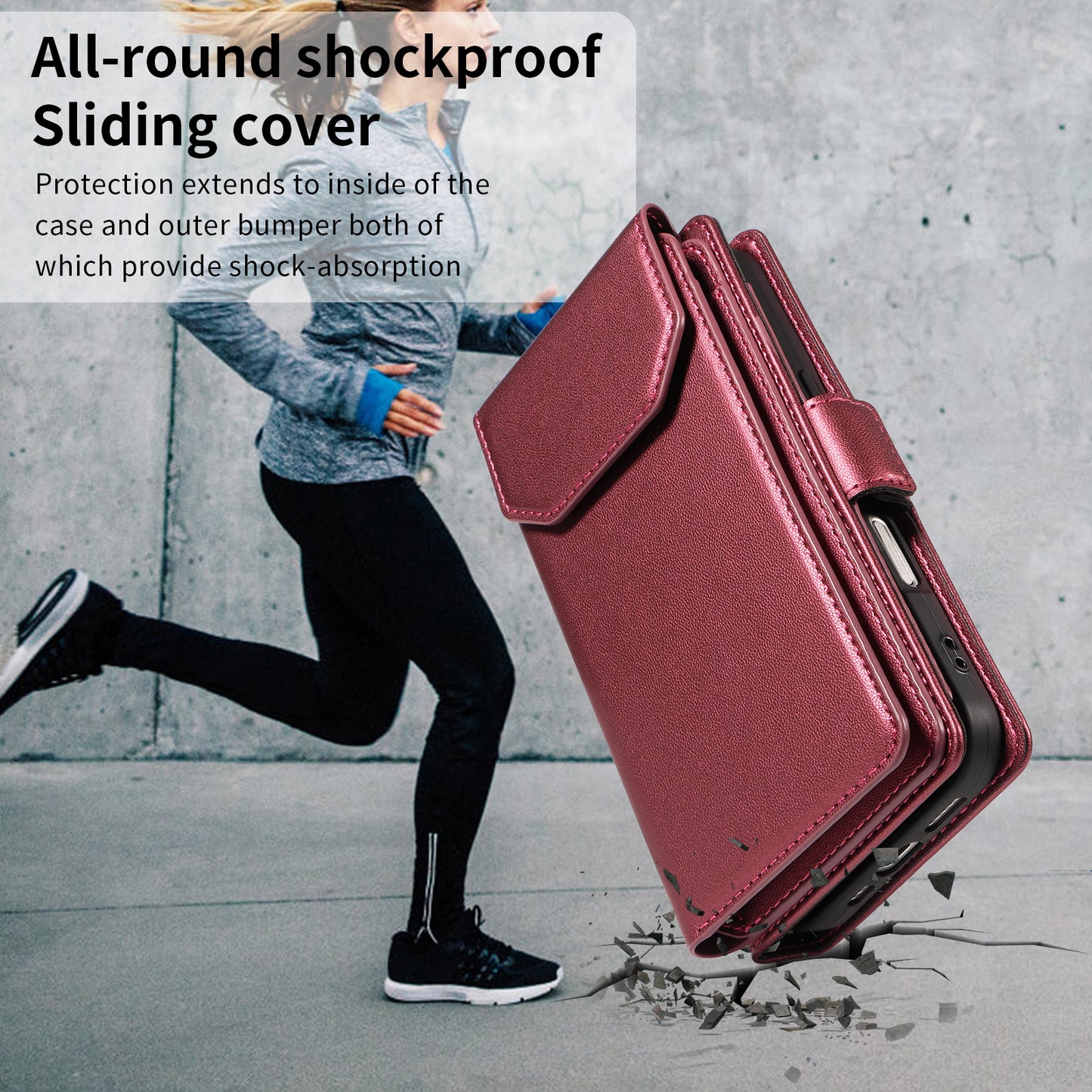 For iPhone 17 Pro Max Case with Multi-Card Holder and Strap PU Leather Phone Cover Stand - Red