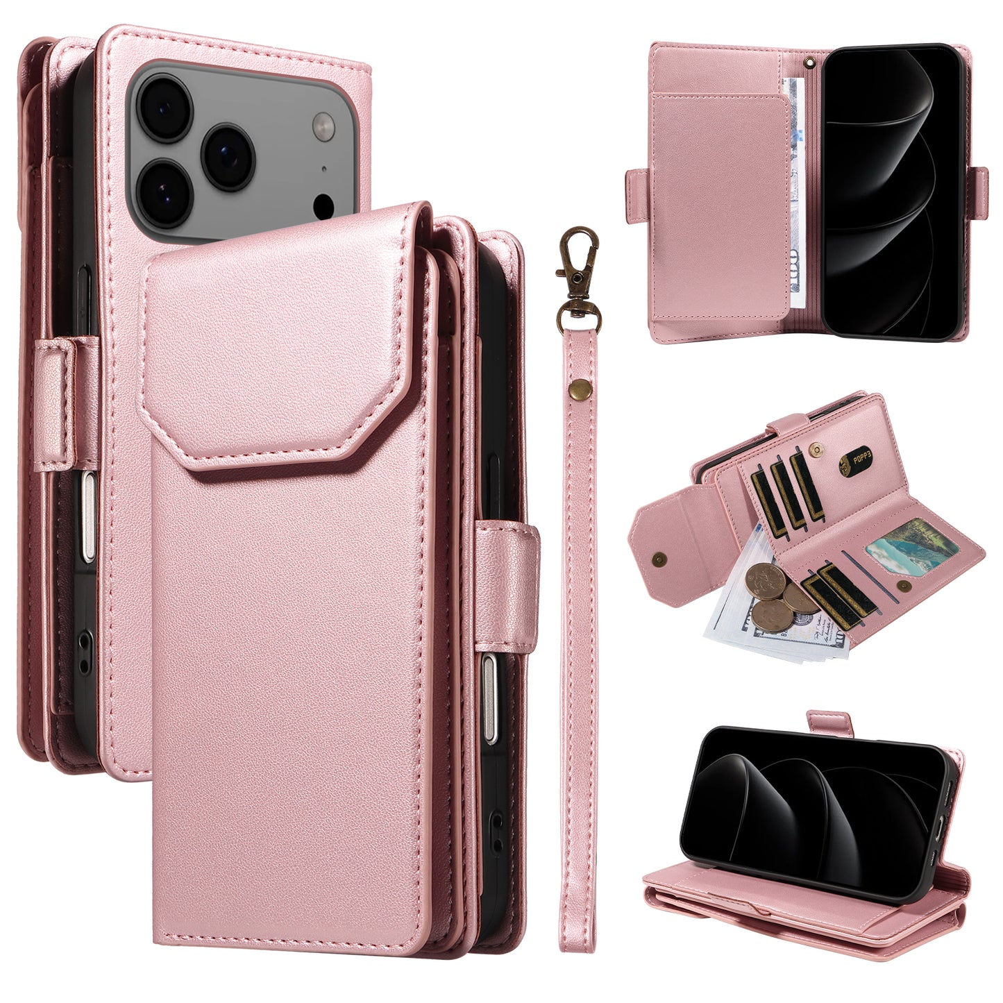 For iPhone 17 Pro Max Case with Multi-Card Holder and Strap PU Leather Phone Cover Stand - Rose Gold