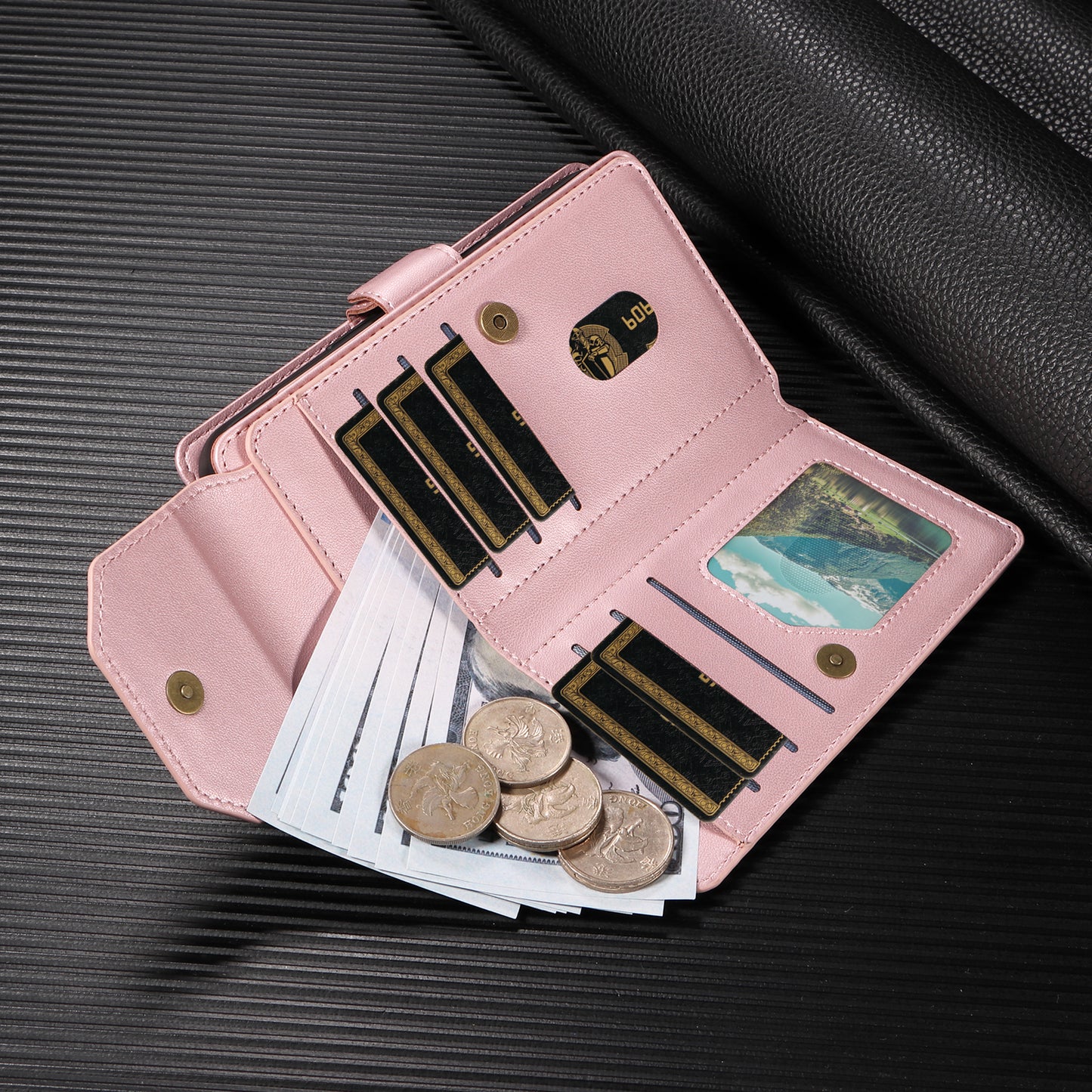 For iPhone 17 Pro Max Case with Multi-Card Holder and Strap PU Leather Phone Cover Stand - Rose Gold