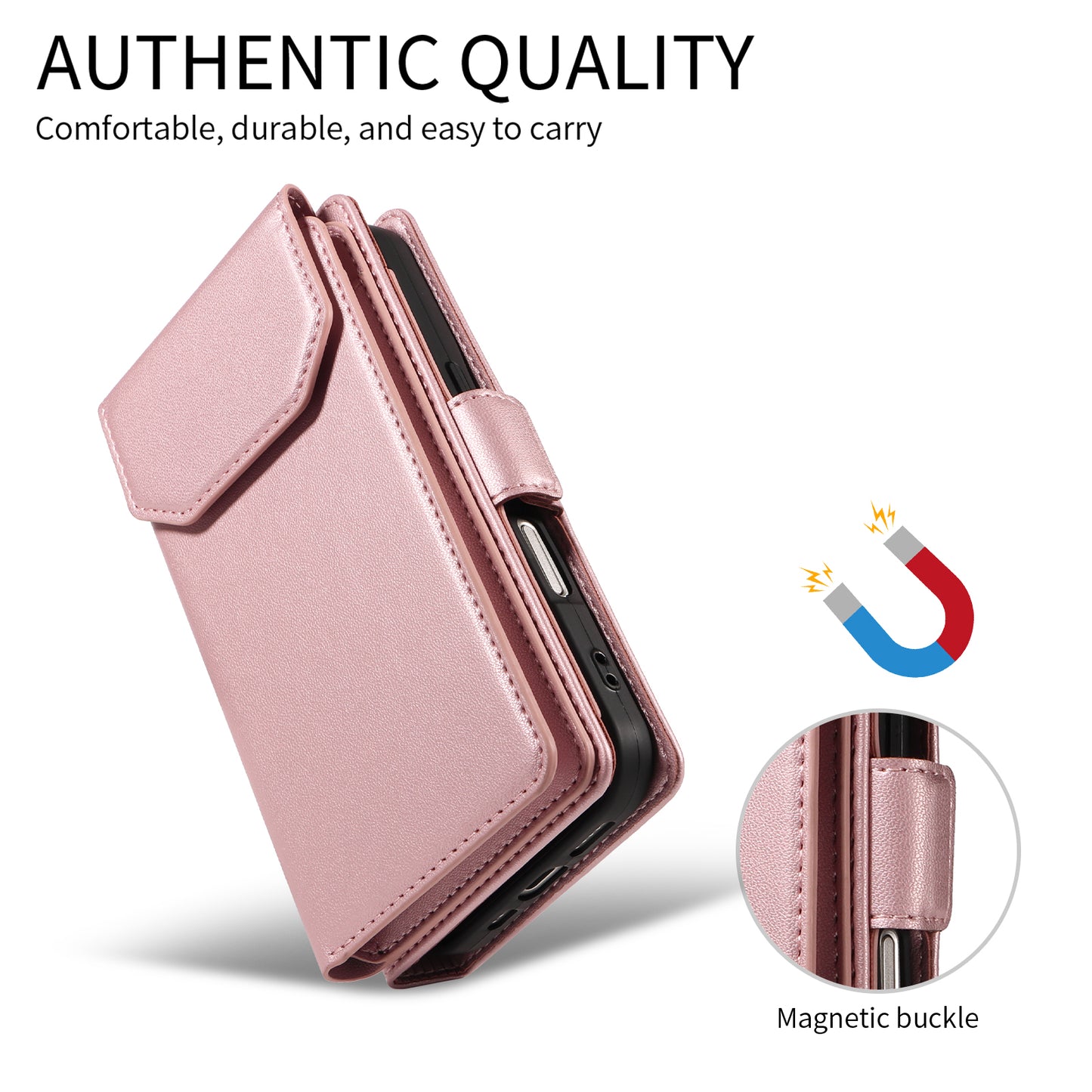For iPhone 17 Pro Max Case with Multi-Card Holder and Strap PU Leather Phone Cover Stand - Rose Gold