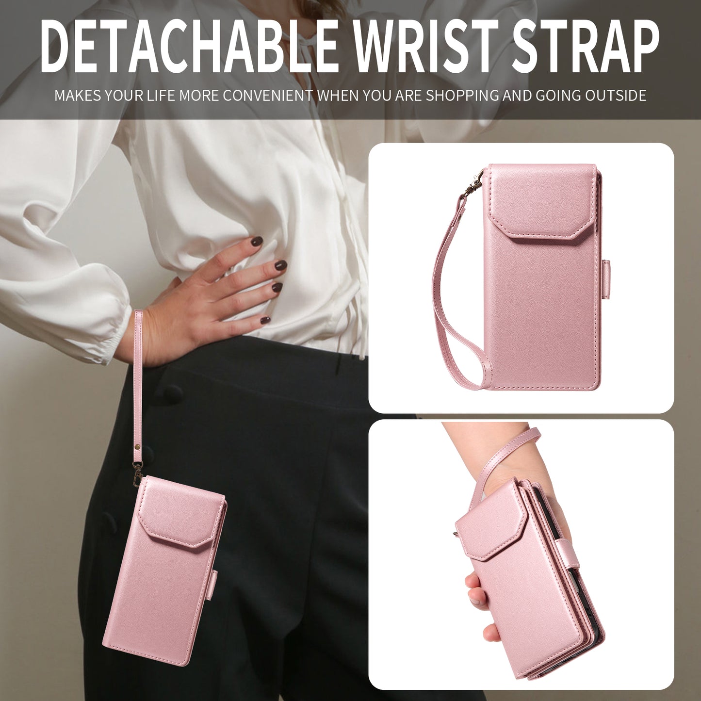 For iPhone 17 Pro Max Case with Multi-Card Holder and Strap PU Leather Phone Cover Stand - Rose Gold