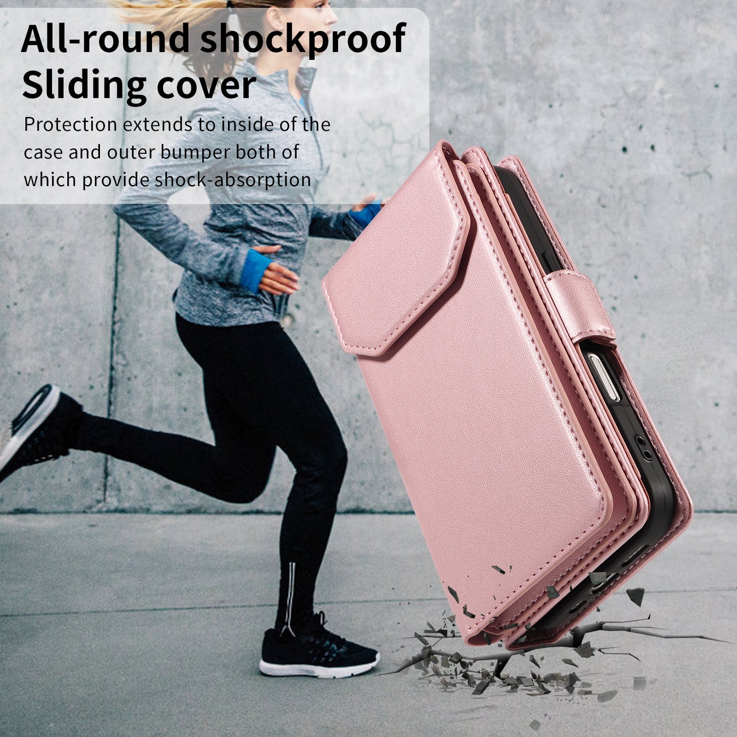 For iPhone 17 Pro Max Case with Multi-Card Holder and Strap PU Leather Phone Cover Stand - Rose Gold