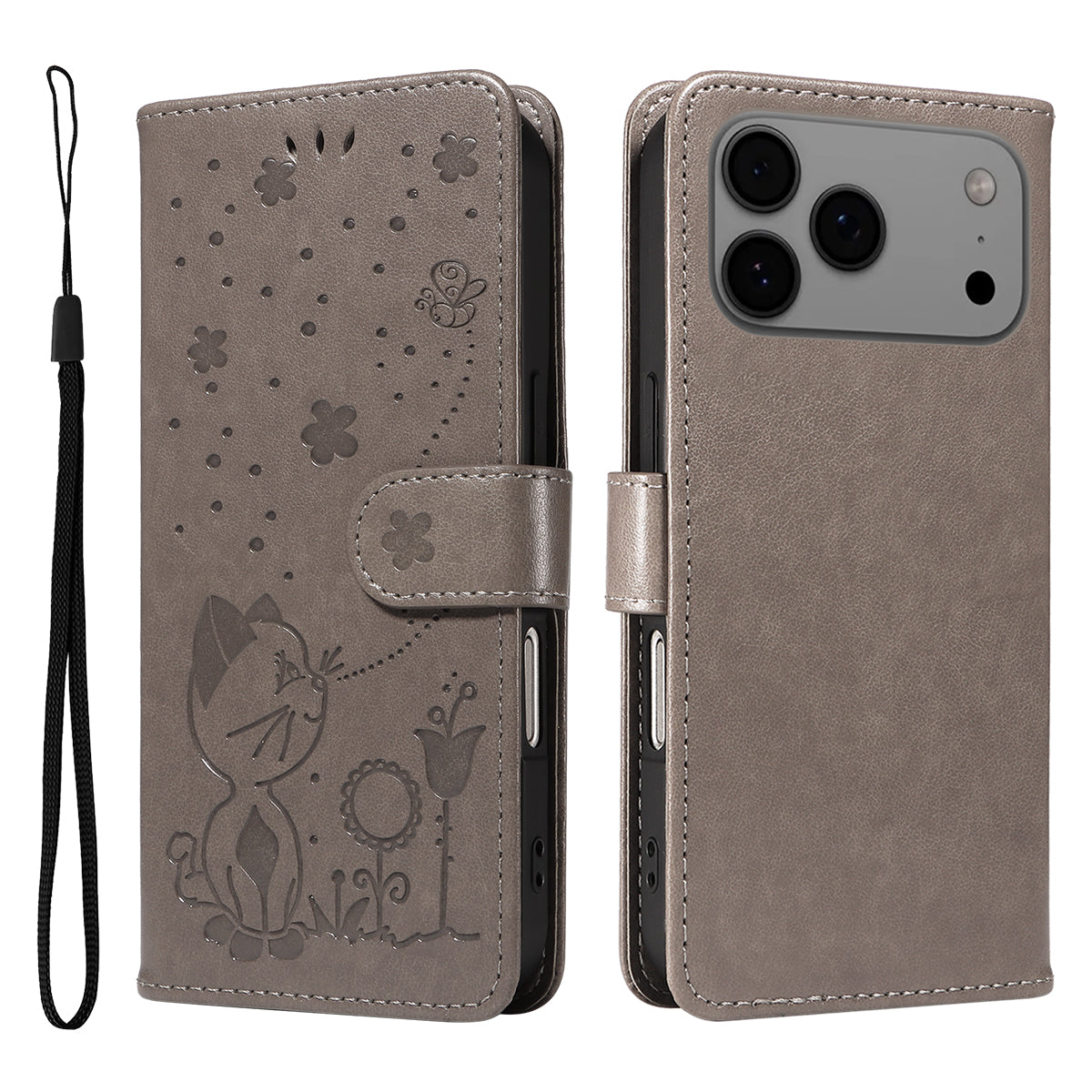 For iPhone 17 Pro Max Leather Wallet Case Cat Bee Pattern Phone Cover Stand - Grey