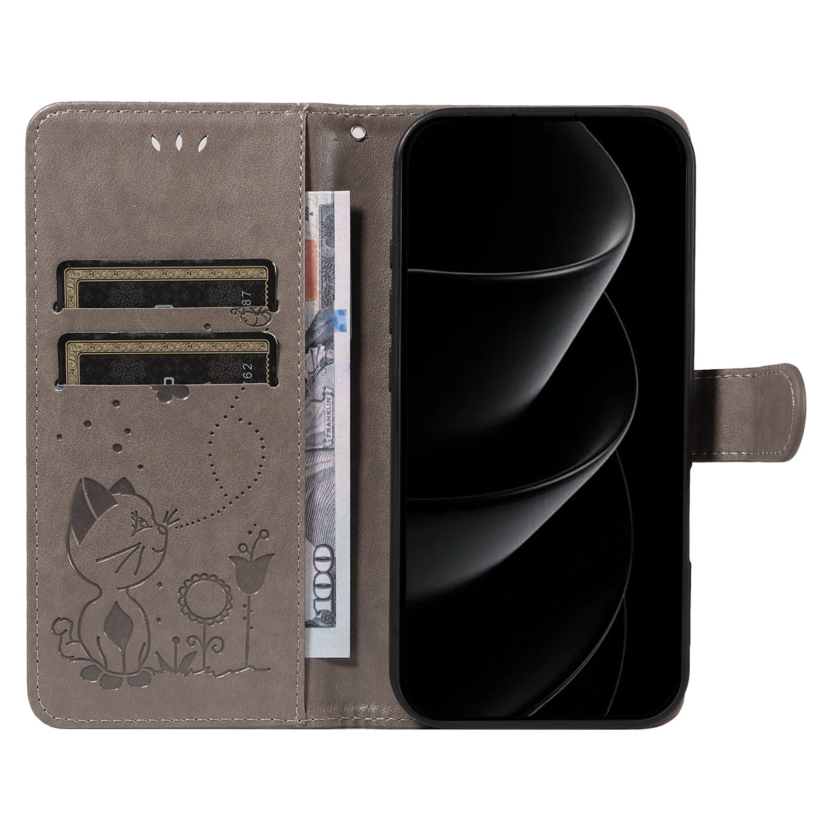 For iPhone 17 Pro Max Leather Wallet Case Cat Bee Pattern Phone Cover Stand - Grey