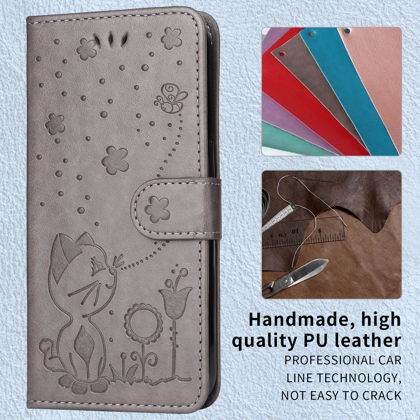 For iPhone 17 Pro Max Leather Wallet Case Cat Bee Pattern Phone Cover Stand - Grey