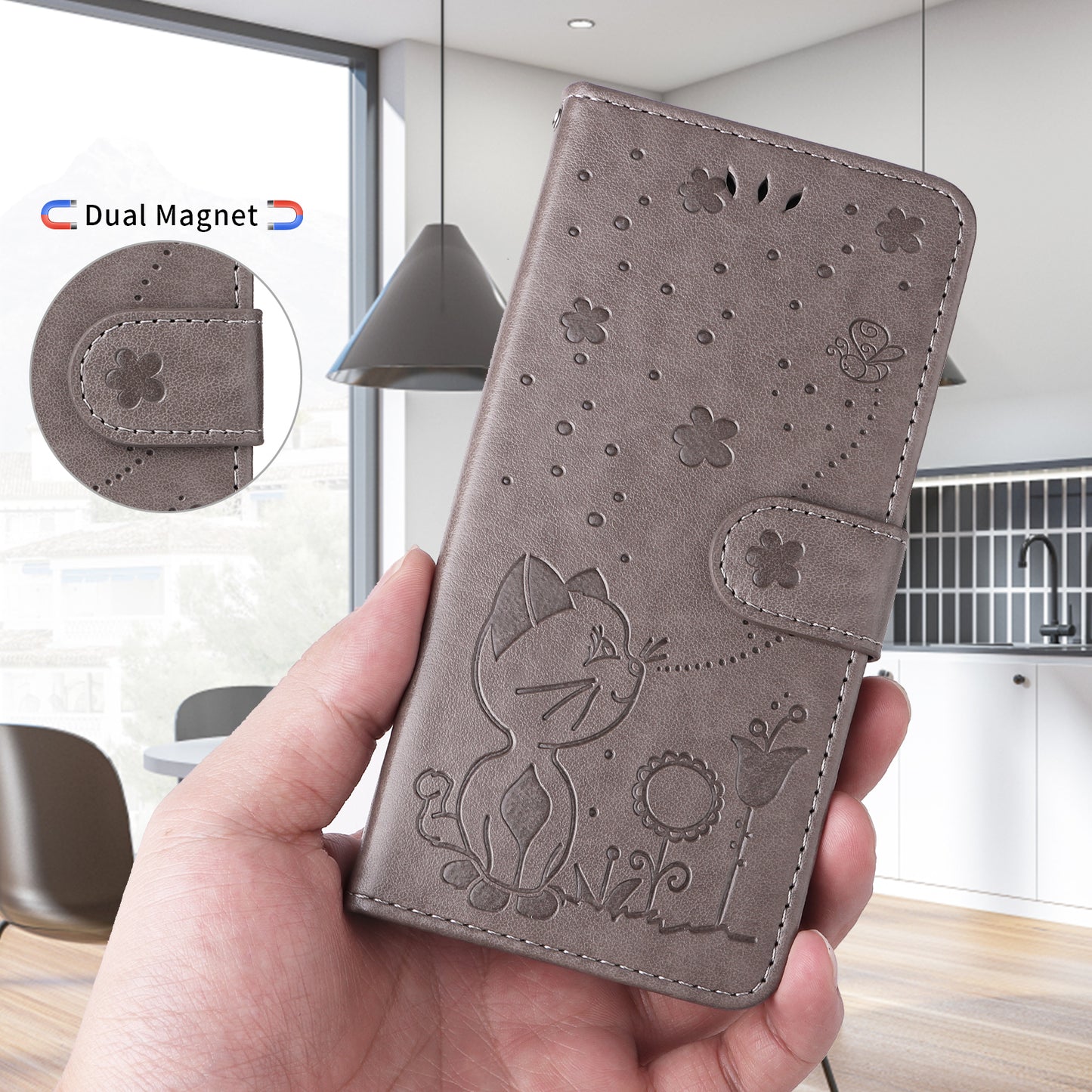 For iPhone 17 Pro Max Leather Wallet Case Cat Bee Pattern Phone Cover Stand - Grey