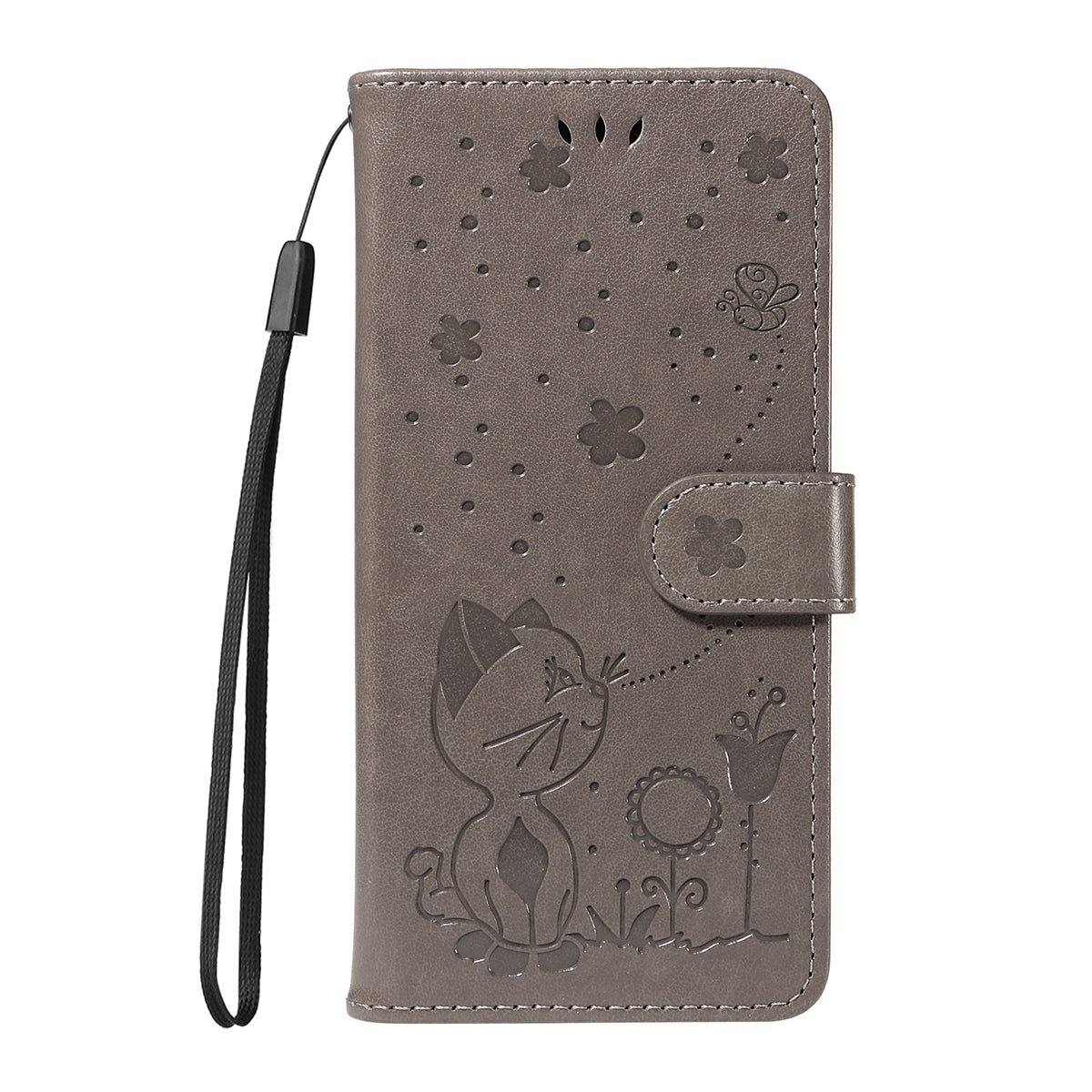 For iPhone 17 Pro Max Leather Wallet Case Cat Bee Pattern Phone Cover Stand - Grey