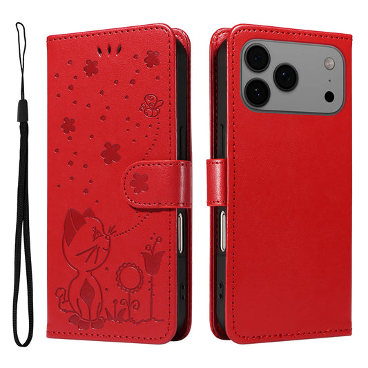 For iPhone 17 Pro Max Leather Wallet Case Cat Bee Pattern Phone Cover Stand - Red