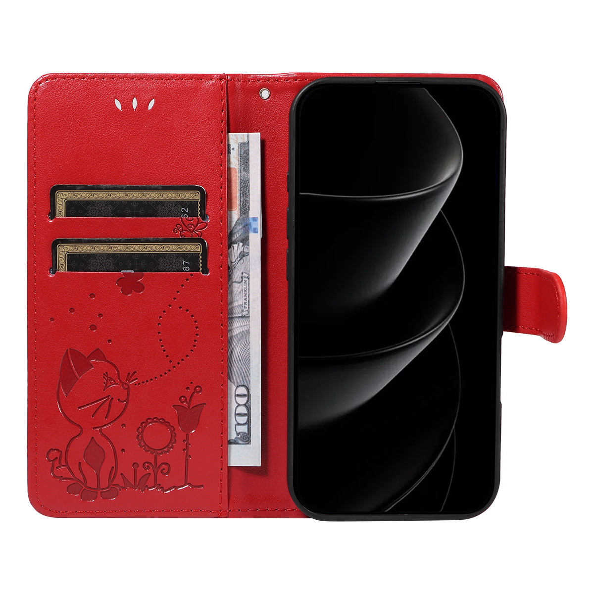 For iPhone 17 Pro Max Leather Wallet Case Cat Bee Pattern Phone Cover Stand - Red