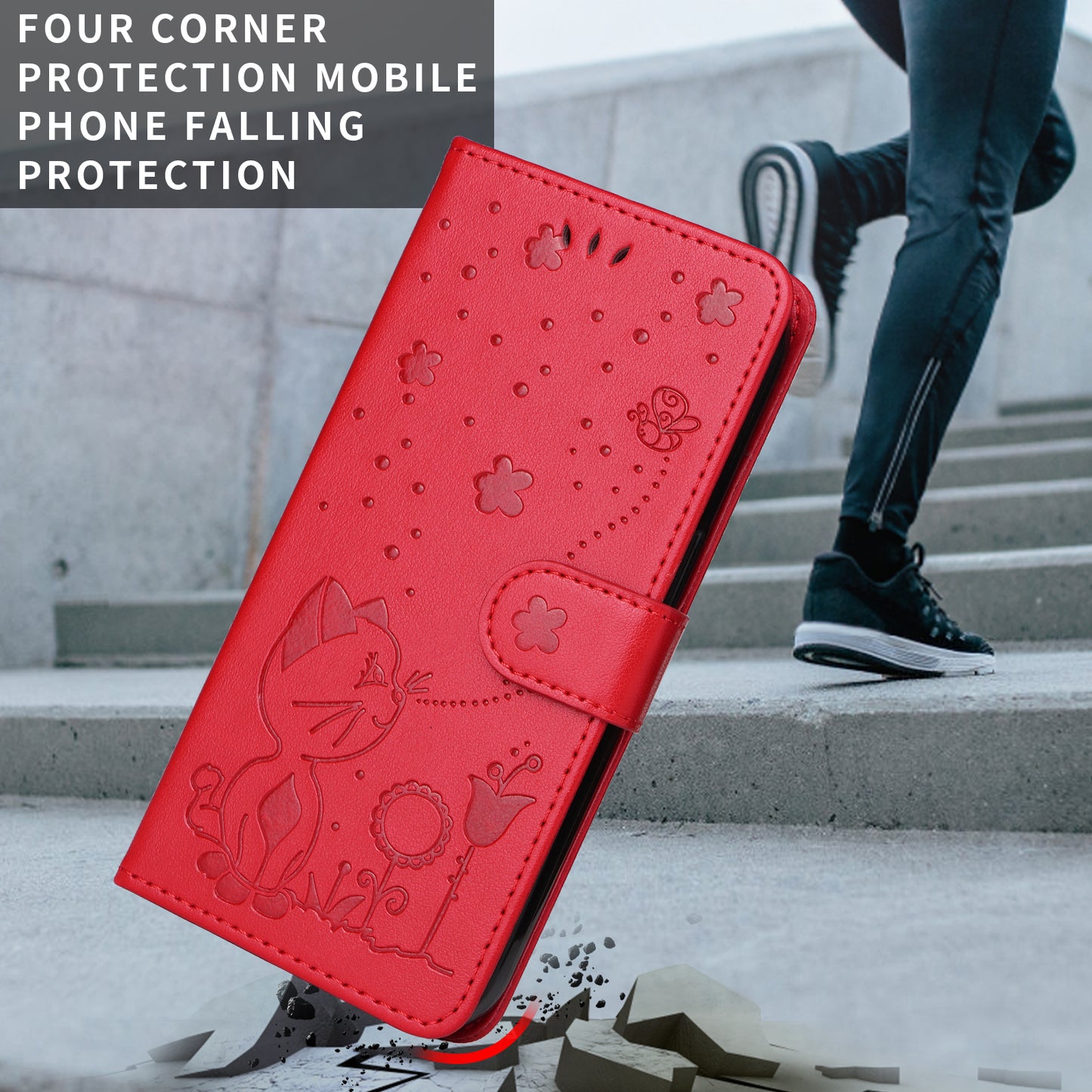 For iPhone 17 Pro Max Leather Wallet Case Cat Bee Pattern Phone Cover Stand - Red