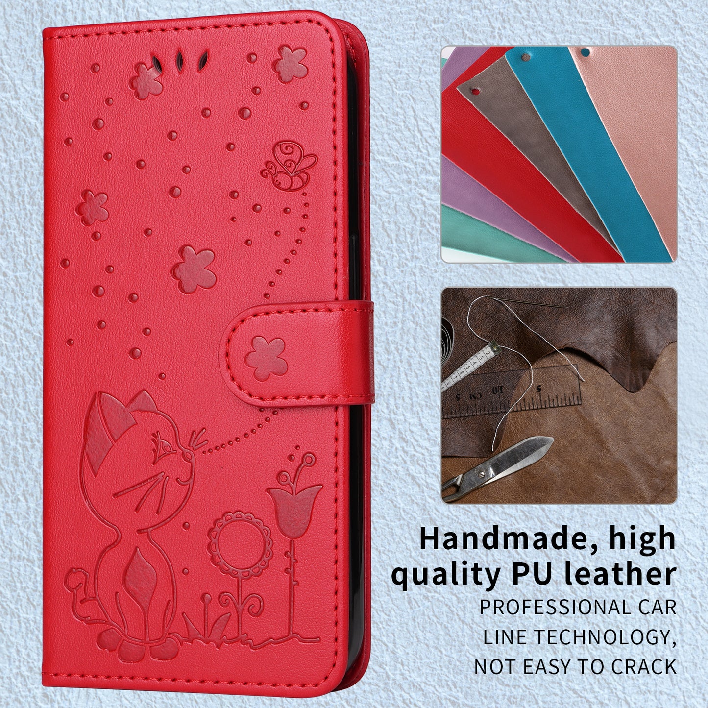 For iPhone 17 Pro Max Leather Wallet Case Cat Bee Pattern Phone Cover Stand - Red