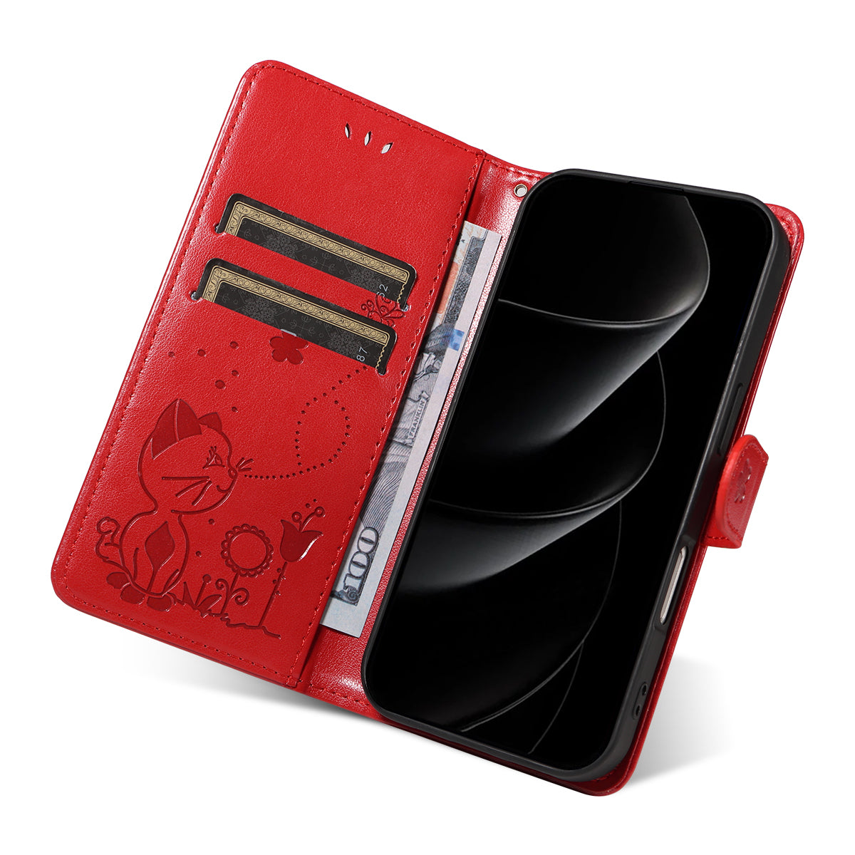 For iPhone 17 Pro Max Leather Wallet Case Cat Bee Pattern Phone Cover Stand - Red