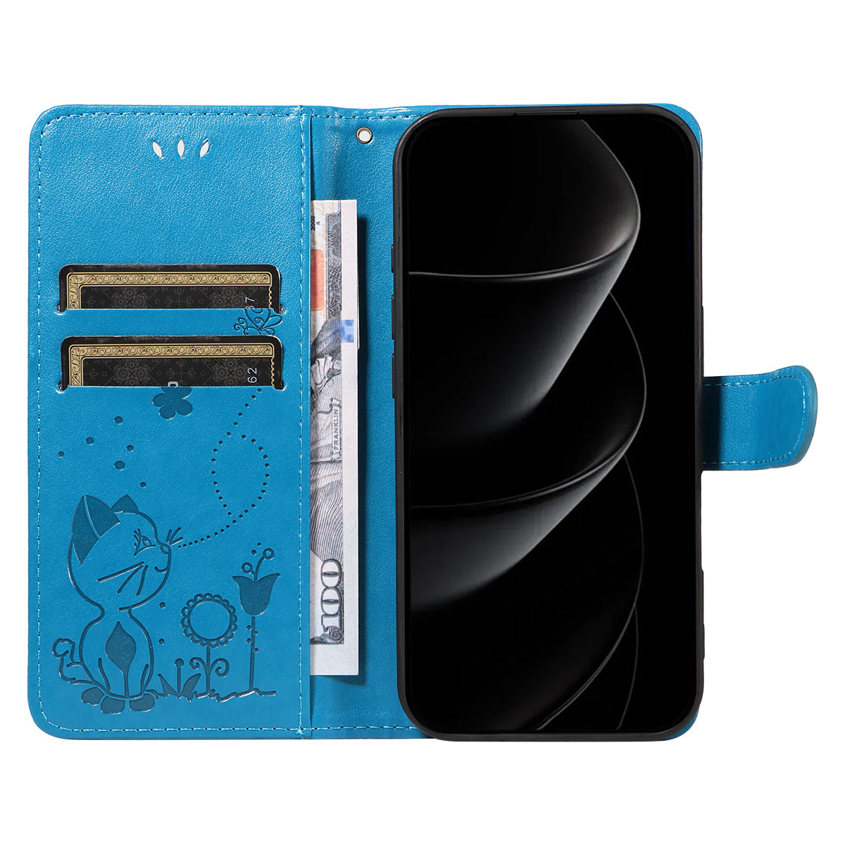 For iPhone 17 Pro Max Leather Wallet Case Cat Bee Pattern Phone Cover Stand - Blue