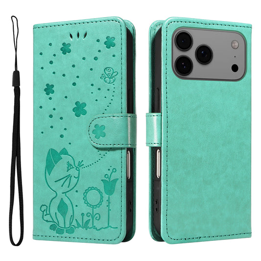 For iPhone 17 Pro Max Leather Wallet Case Cat Bee Pattern Phone Cover Stand - Green