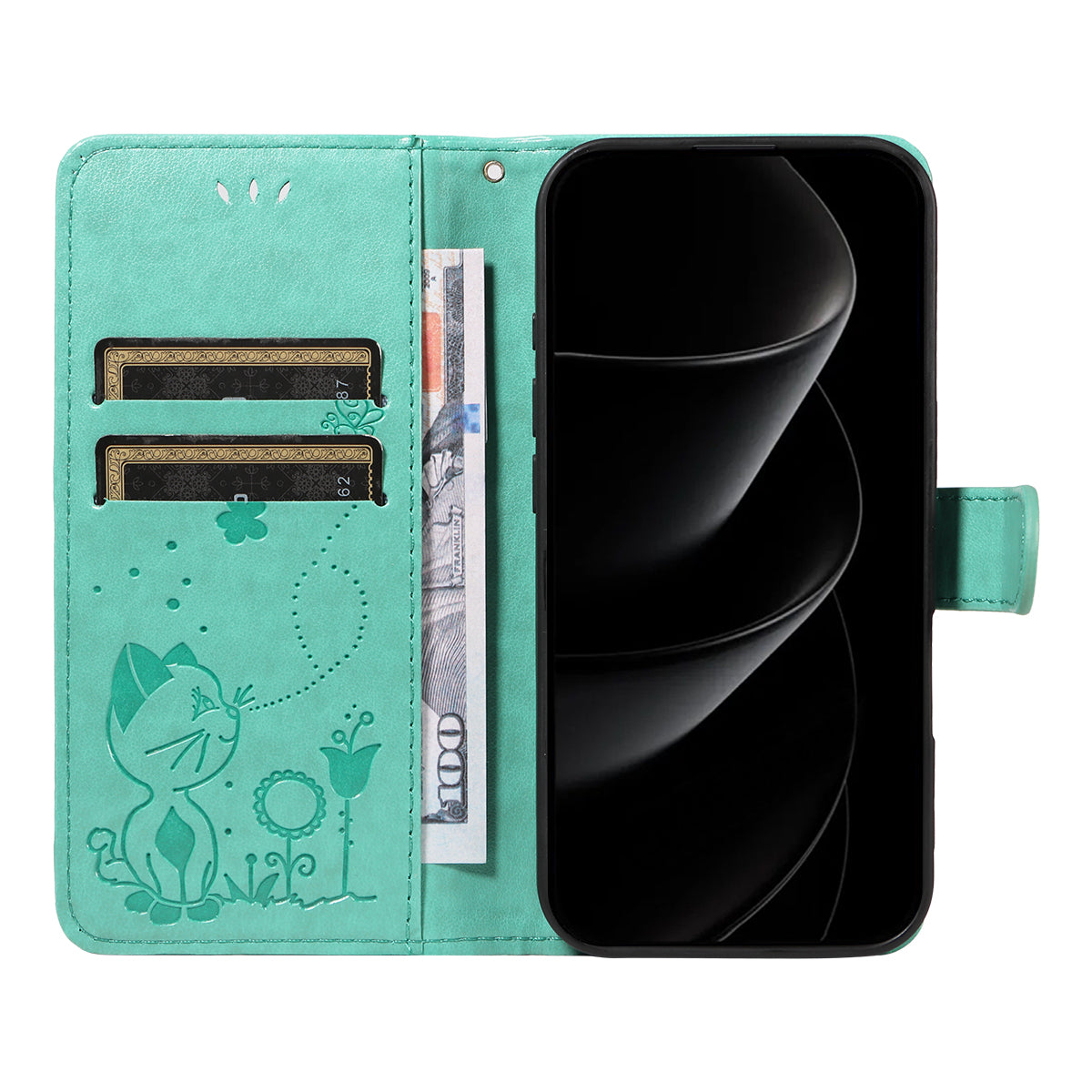 For iPhone 17 Pro Max Leather Wallet Case Cat Bee Pattern Phone Cover Stand - Green