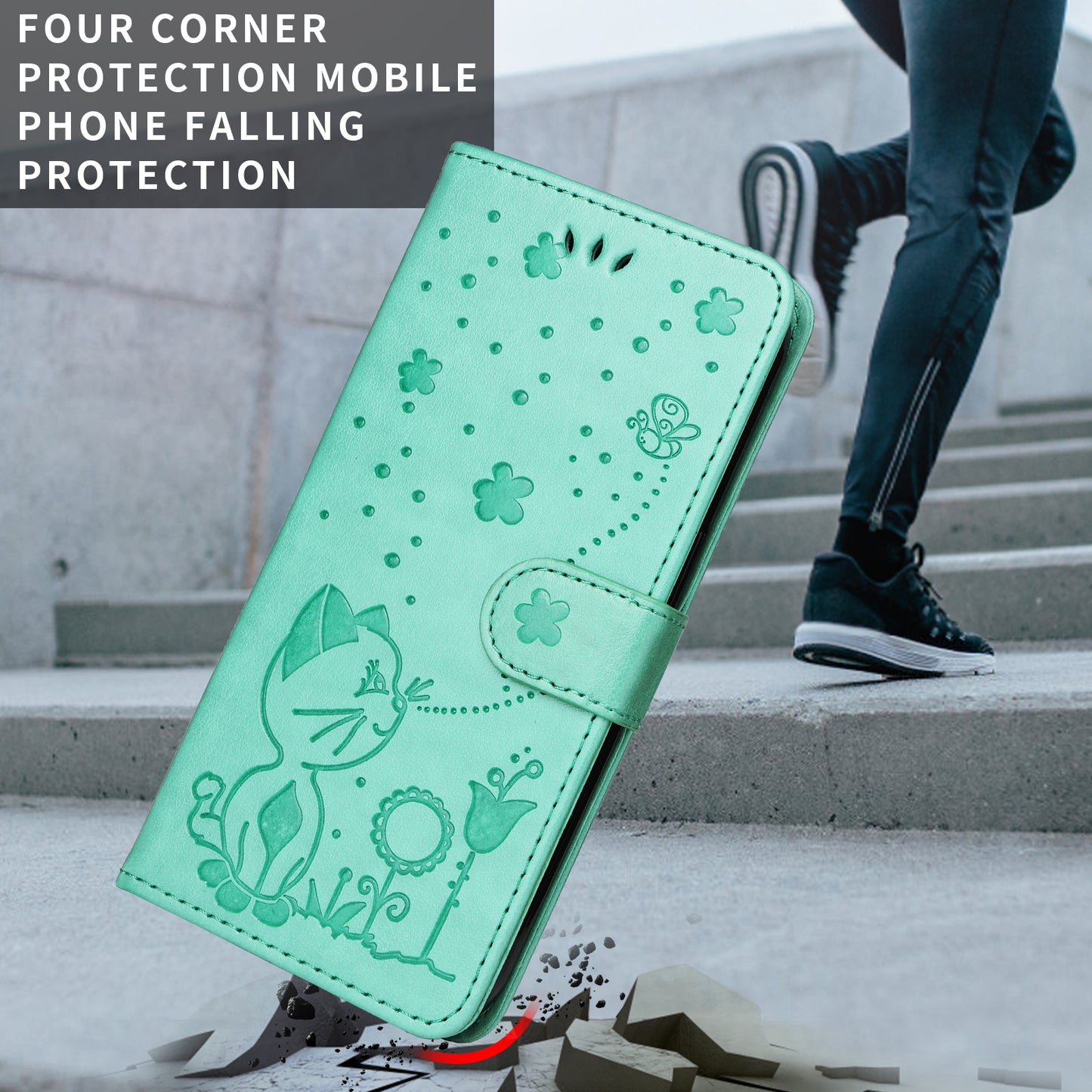 For iPhone 17 Pro Max Leather Wallet Case Cat Bee Pattern Phone Cover Stand - Green