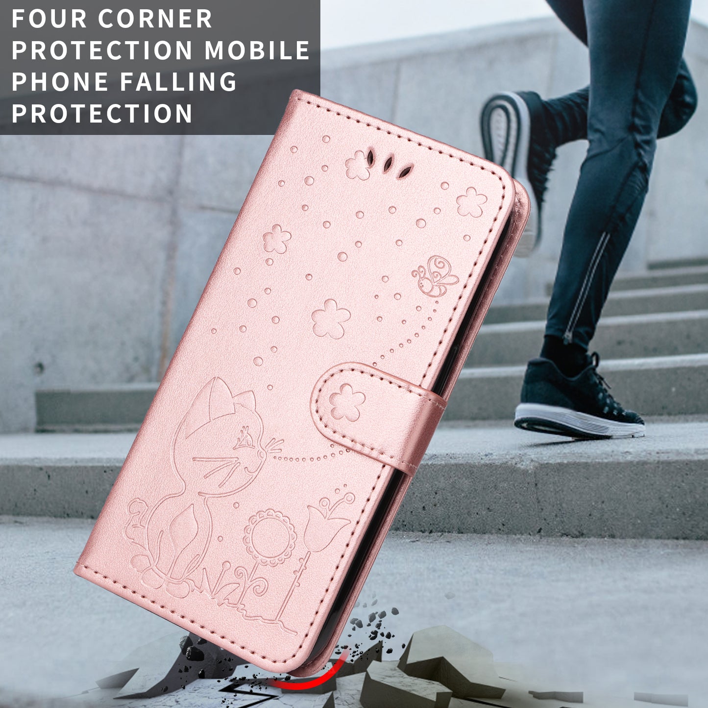 For iPhone 17 Pro Max Leather Wallet Case Cat Bee Pattern Phone Cover Stand - Rose Gold