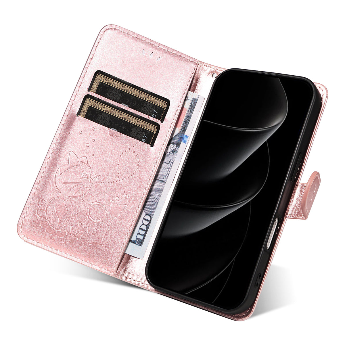 For iPhone 17 Pro Max Leather Wallet Case Cat Bee Pattern Phone Cover Stand - Rose Gold