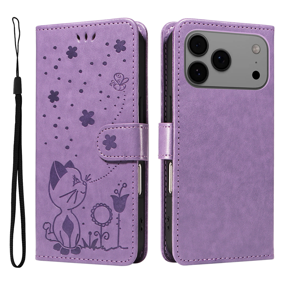 For iPhone 17 Pro Max Leather Wallet Case Cat Bee Pattern Phone Cover Stand - Purple