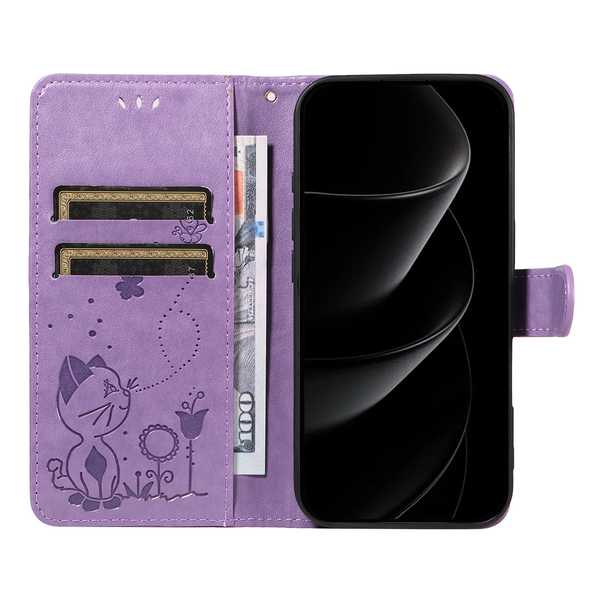 For iPhone 17 Pro Max Leather Wallet Case Cat Bee Pattern Phone Cover Stand - Purple