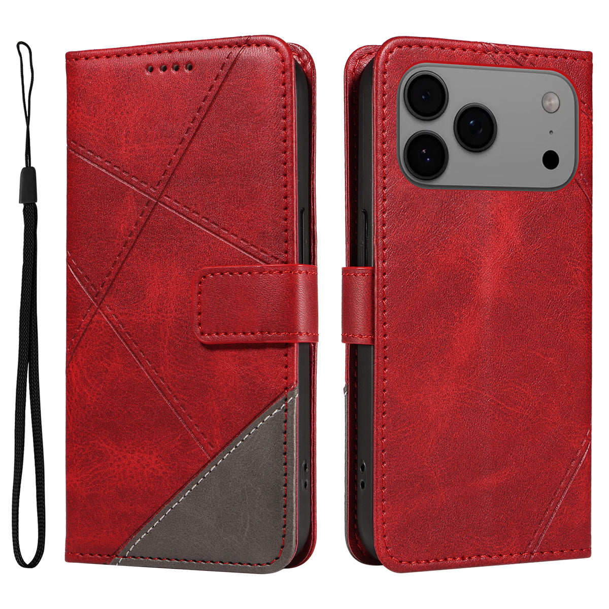 For iPhone 17 Pro Max Leather Case Geometric Line Design Wallet Phone Cover with Wrist Strap - Red
