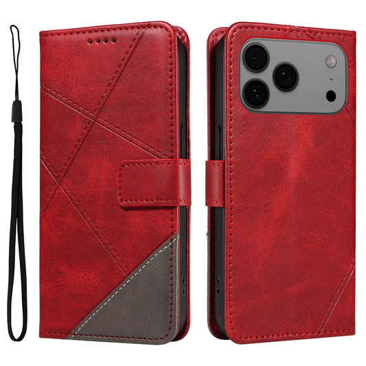 For iPhone 17 Pro Max Leather Case Geometric Line Design Wallet Phone Cover with Wrist Strap - Red