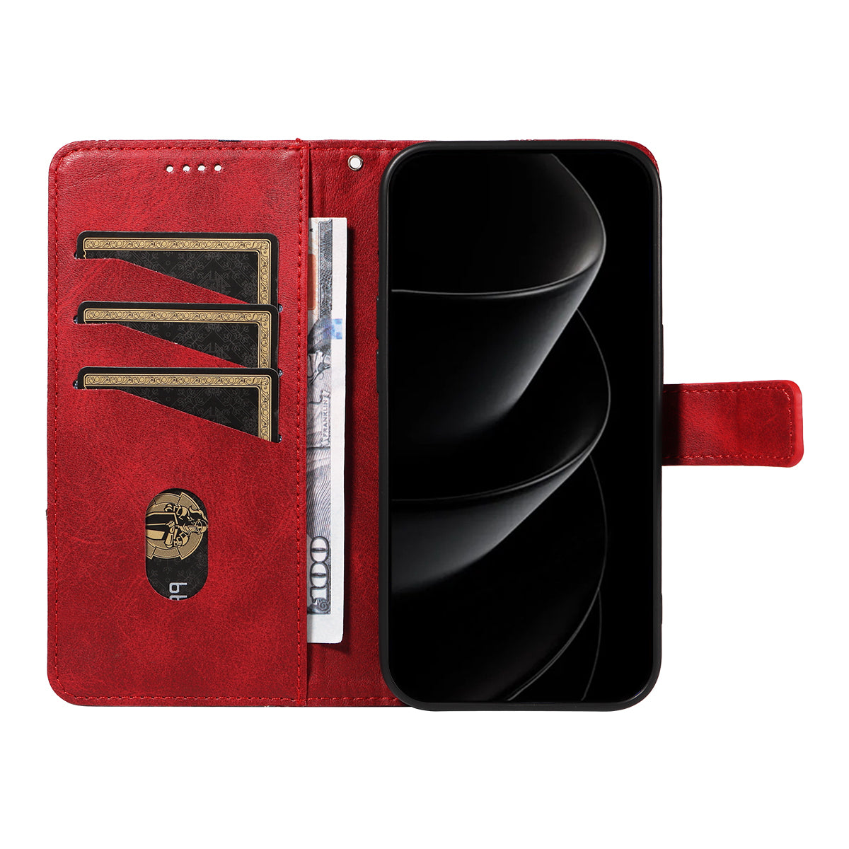 For iPhone 17 Pro Max Leather Case Geometric Line Design Wallet Phone Cover with Wrist Strap - Red