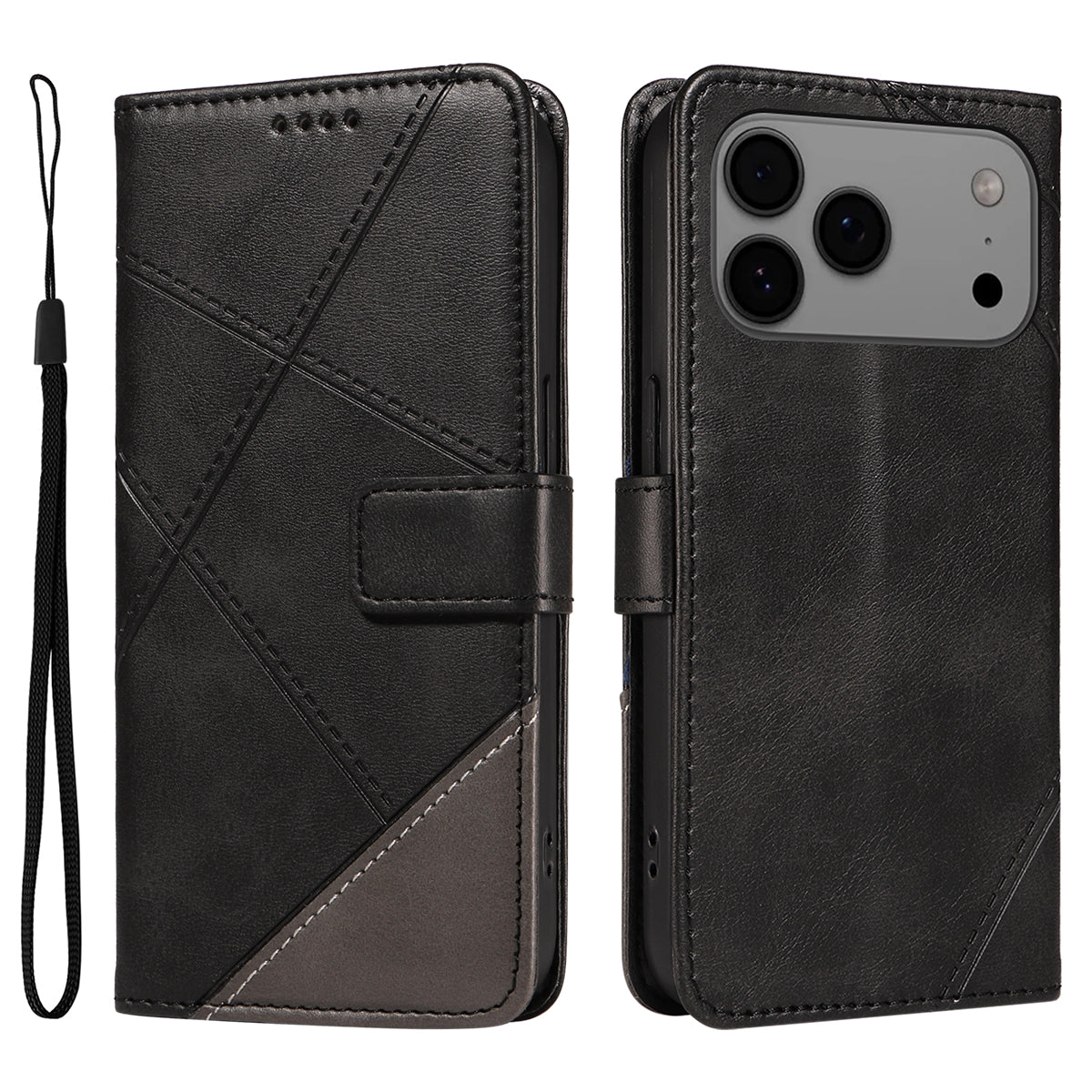 For iPhone 17 Pro Max Leather Case Geometric Line Design Wallet Phone Cover with Wrist Strap - Black