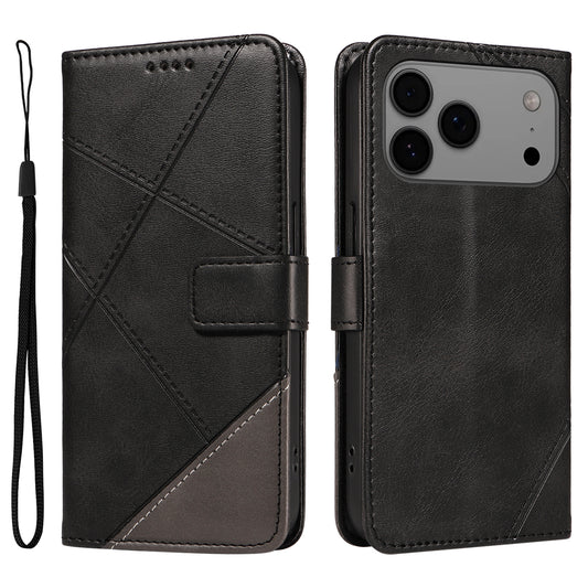 For iPhone 17 Pro Max Leather Case Geometric Line Design Wallet Phone Cover with Wrist Strap - Black