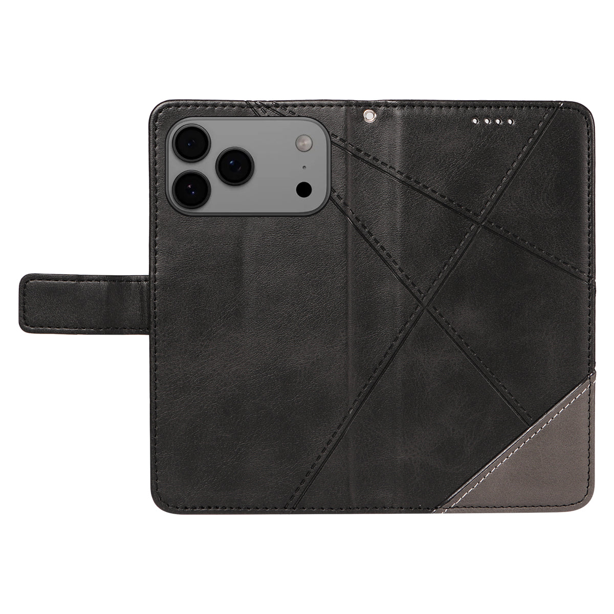 For iPhone 17 Pro Max Leather Case Geometric Line Design Wallet Phone Cover with Wrist Strap - Black