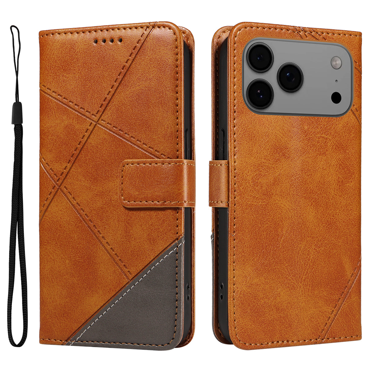 For iPhone 17 Pro Max Leather Case Geometric Line Design Wallet Phone Cover with Wrist Strap - Brown