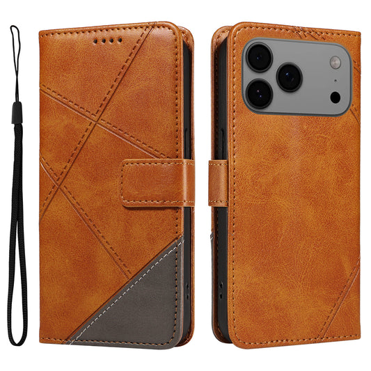 For iPhone 17 Pro Max Leather Case Geometric Line Design Wallet Phone Cover with Wrist Strap - Brown